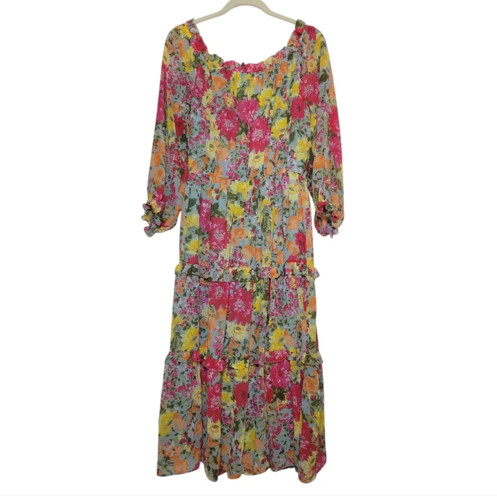 LC Lauren Conrad Off The Shoulder Midi Dress Floral Print Puff Sleeves Boho XL - Picture 4 of 11